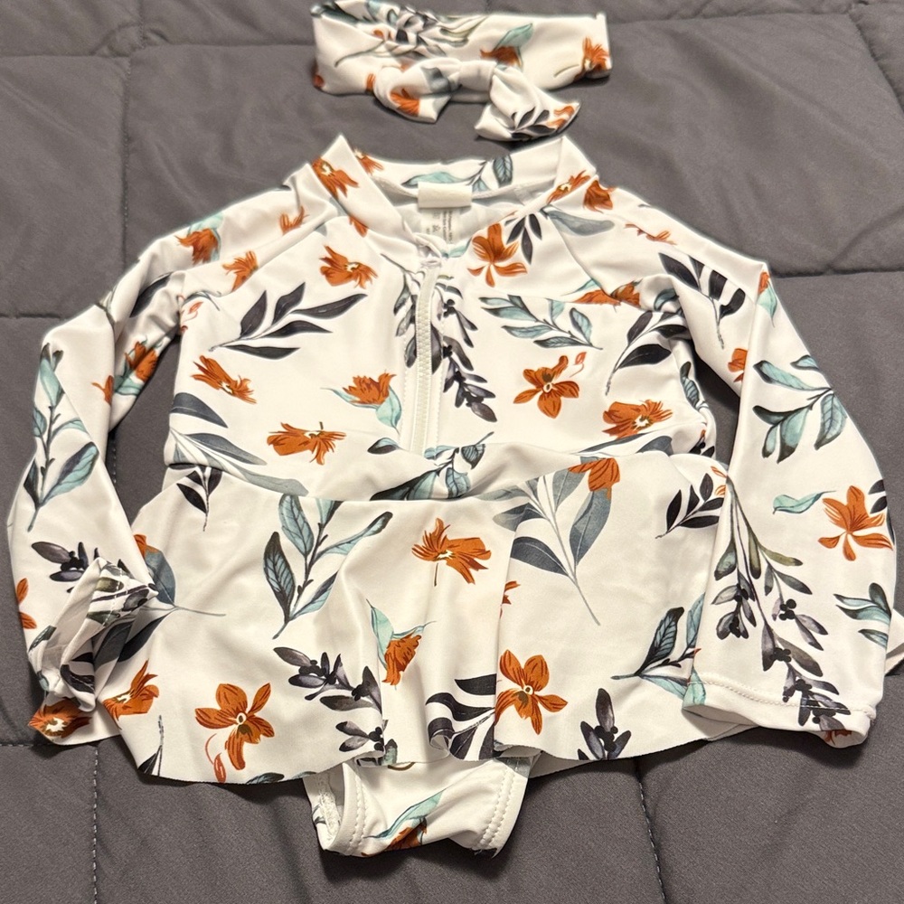 Floral Long Sleeve Kids Swim Set with Headband